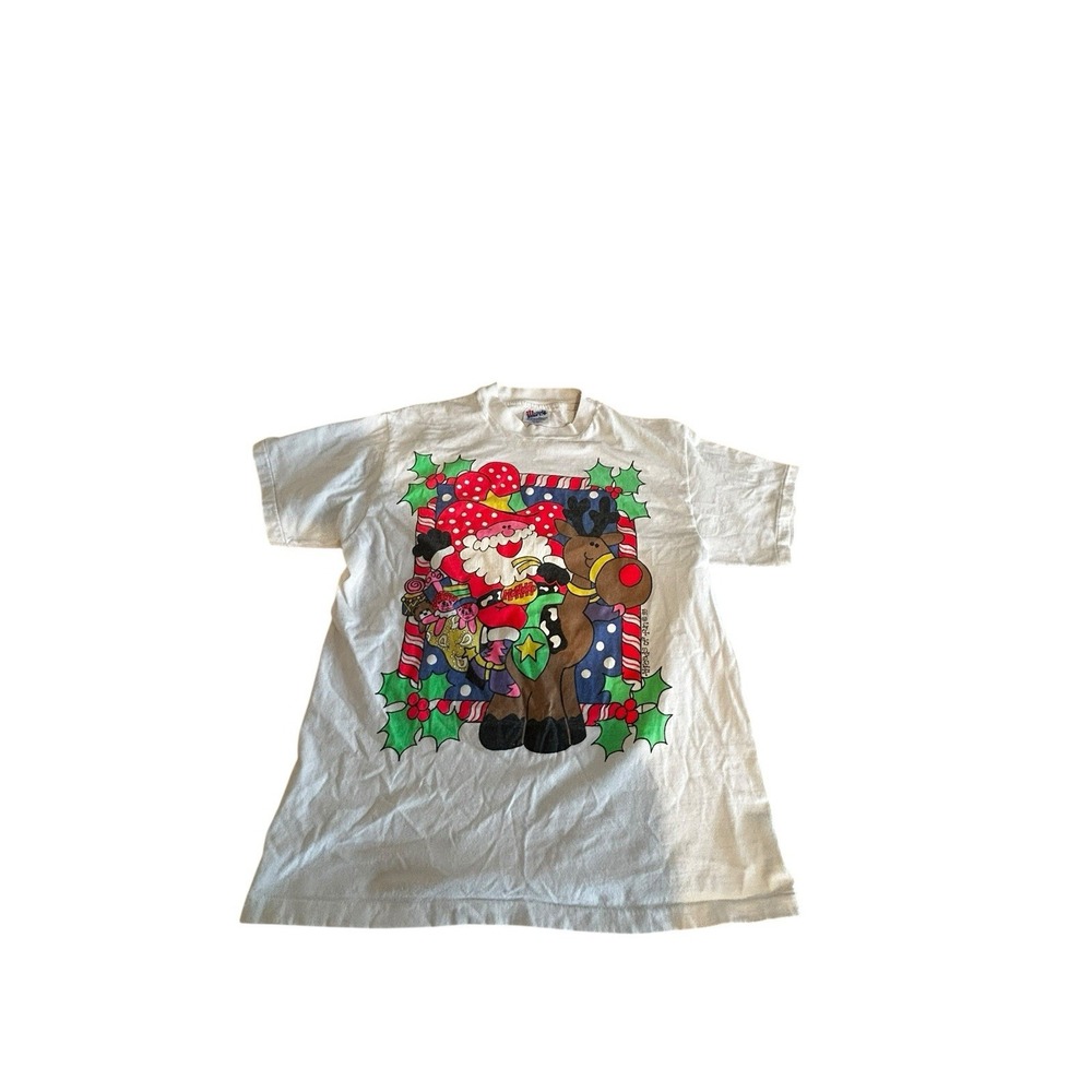 Vintage 1993 Hanes Beef T Santa Cowboy Hat Riding reindeer Sz Med. Single Stitch